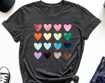 Watercolor Heart Shirt, Gift For Wife, Women Valentines Day Shirt, Heart Mom Shirt, Mother's Day Shirt, Colourful Hearts Shirt, Birthday Tee