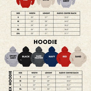May include: Color and size chart for sweatshirts and hoodies. The chart shows different colors and sizes for sweatshirts and hoodies, including black, forest, maroon, navy, red, sand, sport grey, and dark heather. The chart also includes measurements for width, length, and sleeve center back.
