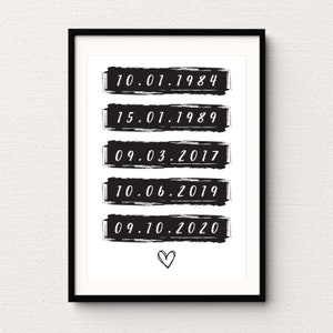 May include: Black and white framed print with five dates written in white on black brushstrokes. The dates are 10.01.1984, 15.01.1989, 09.03.2017, 10.06.2019, and 09.10.2020. A small heart is drawn at the bottom of the print.