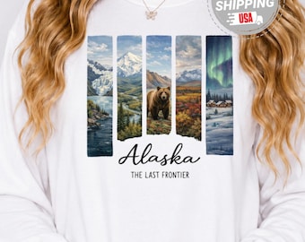 T-shirt à manches longues Alaska, T-shirt graphique de voyage en Alaska, Souvenir de la dernière frontière, cadeau pour femmes et hommes, Art de la montagne et de la nature sauvage
