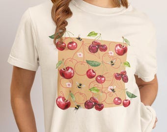Komfortfarben Kirschgrafik-T-Shirt - Retro-Sommer-Obst-Shirt