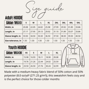 May include: Size guide for adult and youth hoodies, including measurements for width, length, and sleeve length in inches. The guide includes sizes S through 5XL for adult hoodies and XS through XL for youth hoodies. The fabric blend is 50% cotton and 50% polyester.