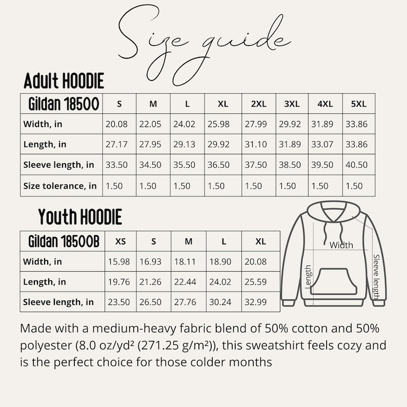 May include: Size guide for adult and youth hoodies, including measurements for width, length, and sleeve length in inches. The guide includes sizes S through 5XL for adult hoodies and XS through XL for youth hoodies. The fabric blend is 50% cotton and 50% polyester.