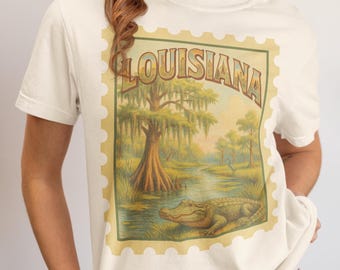 Vintage Louisiana Shirt, Retro State Souvenir Tee, Comfort Colors Graphic T-Shirt, Bayou Alligator Postcard Top, Swamp Art Tank or Crop