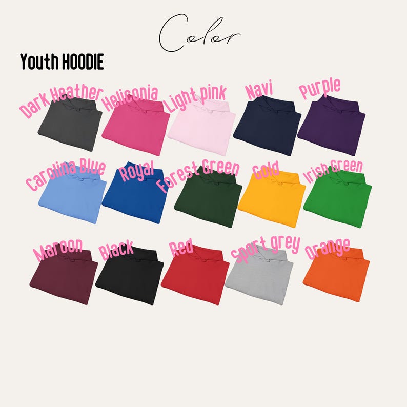 May include: A display of folded youth hoodies in various colors, including dark heather, helliconia, light pink, navy, and purple. The image also shows Carolina blue, royal, forest green, gold, and Irish green hoodies. Additional colors are maroon, black, red, sport grey, and orange.