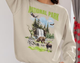 Moletom com estampa de vida selvagem de parques nacionais | Blusa retrô para trilhas na natureza