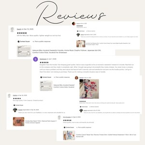 May include: A white background with the handwritten word "Reviews" at the top. The image displays customer reviews for various products, including a Hatsune Miku Vocaloid sweatshirt and a Smokey Bear t-shirt.