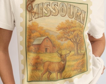 Vintage Missouri Stamp-skjorta, hjort- och höstmotiv med grafisk motiv