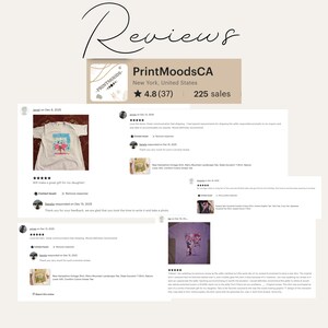 May include: Etsy shop PrintMoodsCA review page. The shop is located in New York, United States, and has a 4.8-star rating with 37 reviews and 225 sales. Reviews include customer photos of t-shirts.