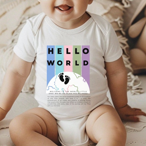 HELLO WORLD bodysuit Funny bodysuit 0-3m, 6m, 12m, 18m, 24m Emotion bodysuit Gift boho baby clothes  Gift for baby Custom baby bodysuit