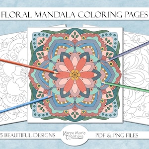 Floral mandala coloring pages, digital coloring pages, printable coloring sheets, digital download, PDF coloring page