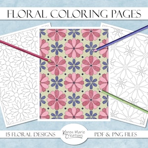 Floral Coloring Pages, digital coloring pages, printable coloring sheets, digital download, PDF coloring page
