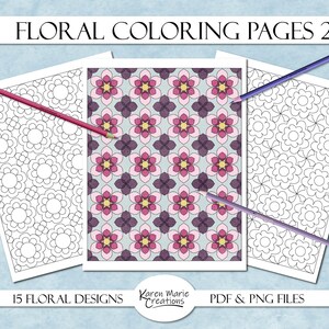 Floral Coloring Pages 2, digital coloring pages, printable coloring sheets, digital download, PDF coloring page