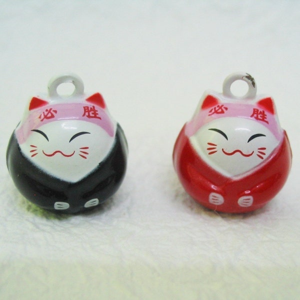 2 pcs of bell charms - Black and Red Lucky cat