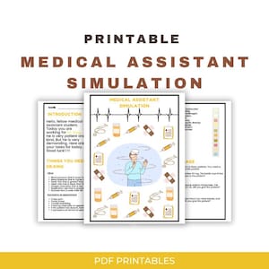 Könnte beinhalten: Druckbares medizinisches Assistenz-Simulationsspiel mit einem Cartoon-Arzt und medizinischen Verbrauchsmaterialien. Das Spiel enthält Anweisungen und eine Liste der für die Simulation benötigten Dinge.