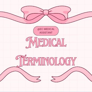 Può includere: Un fiocco di nastro rosa su uno sfondo bianco con il testo "@EC MEDICAL ASSISTANT MEDICAL TERMINOLOGY".