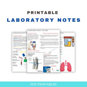 May include: Printable laboratory notes with illustrations of blood draws, venipuncture sites, needle sizes, and urine samples. The notes include a mnemonic for the order of draw, steps for drawing blood, and tips on handling needles.
