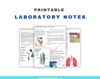 May include: Printable laboratory notes with illustrations of blood draws, venipuncture sites, needle sizes, and urine samples. The notes include a mnemonic for the order of draw, steps for drawing blood, and tips on handling needles.