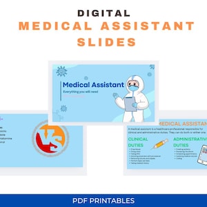 Può includere: Una presentazione digitale con il titolo "Diapositive di Assistente Medico Digitale". La presentazione include un cartone animato di un assistente medico che indossa un camice bianco e una maschera facciale, tenendo un blocco appunti. La presentazione include anche una diapositiva con il titolo "Assistente Medico?" e un elenco di compiti clinici e amministrativi.