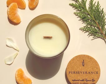 Tiger's Eye Soy Candle, Wooden Wick, Gardenia Mandarin Cypress Aromachology Candle
