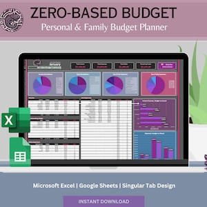 May include: A laptop computer screen displaying a spreadsheet with a zero-based budget planner for January. The spreadsheet includes charts, graphs, and tables for tracking income, expenses, and debt. The spreadsheet is titled "Zero-Based Budget" and is designed for personal or family use. The spreadsheet is compatible with Microsoft Excel and Google Sheets. The text "Instant Download" is displayed on a purple button.