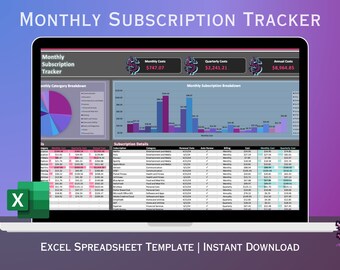 May include: A laptop screen displaying a spreadsheet template for tracking monthly subscriptions. The spreadsheet includes a pie chart, bar graph, and table with categories, costs, and details. The title of the spreadsheet is "Monthly Subscription Tracker" and the text "EXCEL SPREADSHEET TEMPLATE | INSTANT DOWNLOAD" is displayed below the spreadsheet.