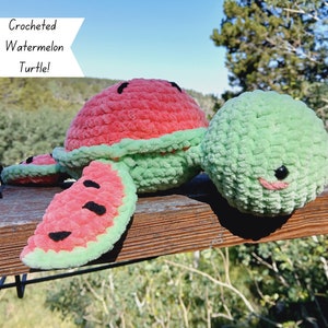 May include: A crocheted watermelon turtle with a red and green shell, black seeds, and a smiling green head. The text "Crocheted Watermelon Turtle!" is in a white banner above the turtle.