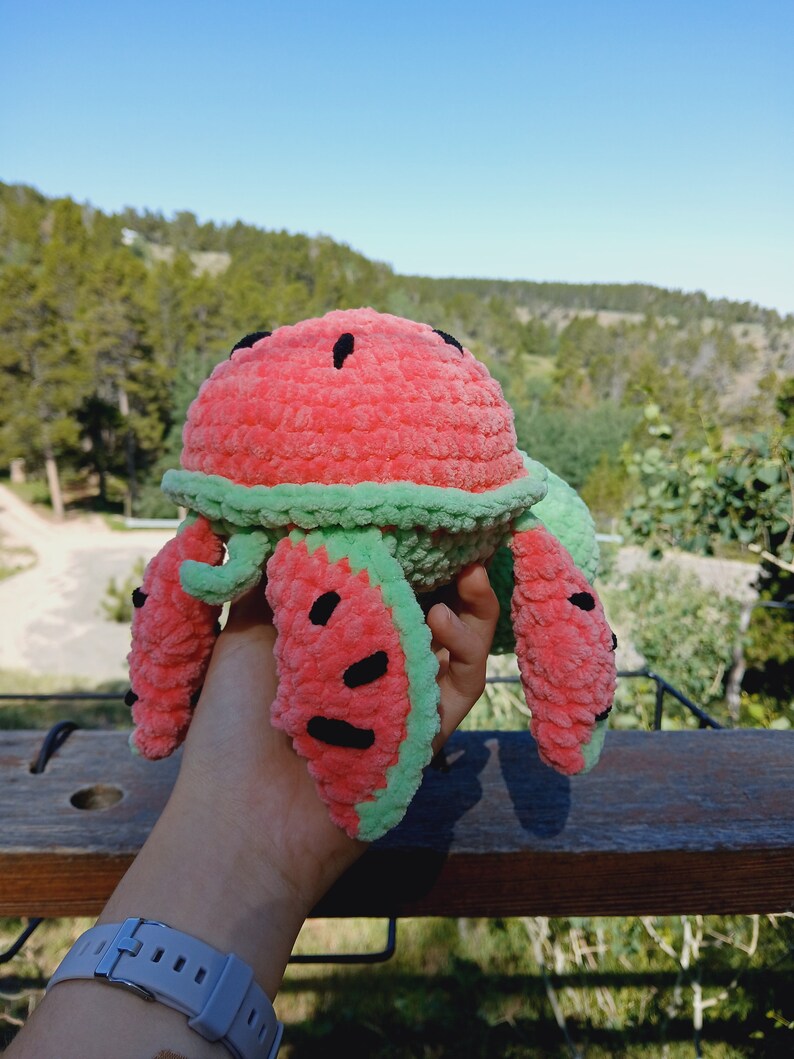 May include: A handmade watermelon-shaped plush toy. The toy features a red body with black seed details and a green rind. The plush is held up against a backdrop of trees and a blue sky.