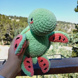 May include: A handmade green plush turtle with watermelon-slice flippers and shell details. The turtle has a round head, small black eyes, and pink cheeks. The plush toy is held up against a backdrop of trees and a blue sky.
