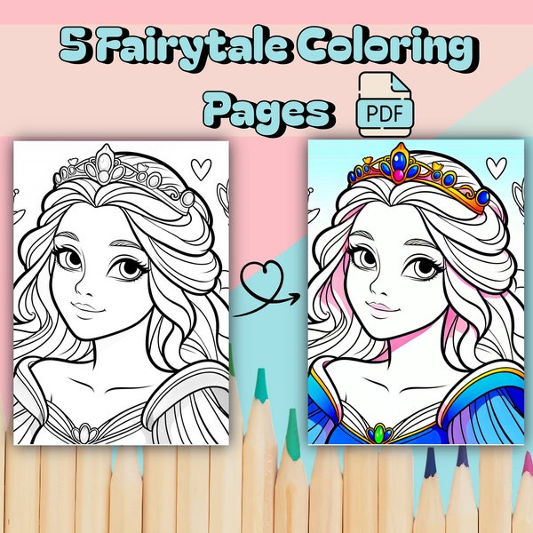 5 Fairy Tale Coloring Pages For Adults and Kids, Simple Bold Lines For Easy Coloring