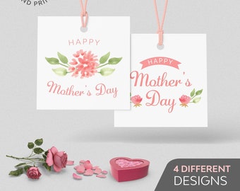 Étiquettes cadeaux imprimables fleurs Joyeuse fête des mères / Étiquette carrée Fête des Mères / Fichier numérique / Quatre étiquettes cadeaux Fête des Mères 6 x 6 cm.
