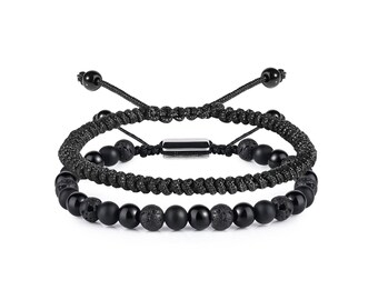 Black Beaded Bracelets for Men Boys - 6mm Beads Mens Bracelet Set for Couples
