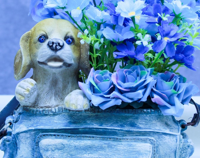 Hand Painted Ceramic Purse Planter w/ Beagle + Blue Faux Flowers, Cottage Farmhouse Shelf Decor, Dog Lover Gift, Desk Centerpiece