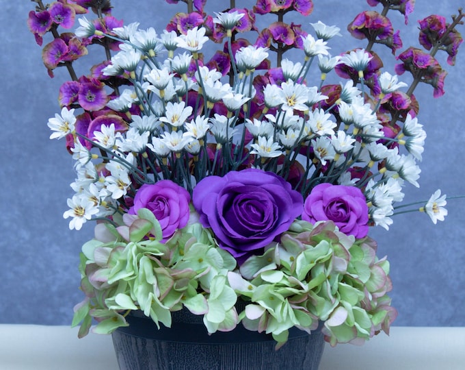 Farmhouse Faux Flower Centerpiece – Purple Roses, Green Hydrangea & White Daisies in Rustic Pot, Cottage Table Decor