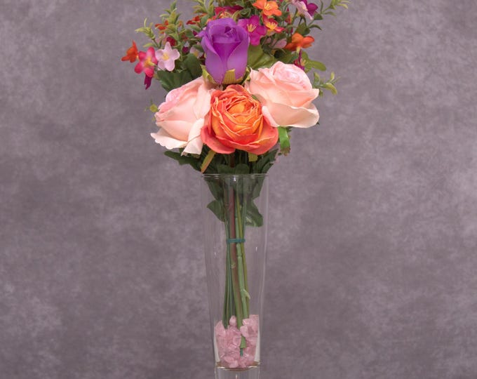 Vibrant Vista, Orange, Pink & Purple Roses, Daisies, artificial flower arrangement in a crystal vase with pink stones
