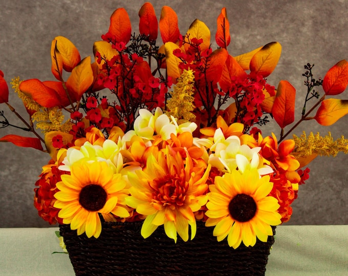 Fall Basket Centerpiece, Sunflower Dahlia Arrangement, Faux Hydrangea Peony, Autumn Table Decor, Thanksgiving Floral, Rattan Basket
