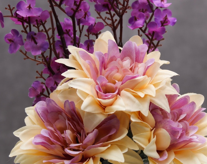 Violet Vision, Peach & Purple Dahlia, purple Baby's Breath, artificial flower arrangement