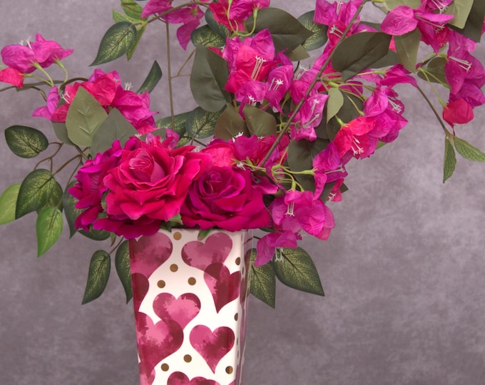 Romantic Red Roses & Bougainvillea Silk Floral Arrangement in Heart Vase – Perfect Valentine’s Day, Anniversary, or Gift Décor