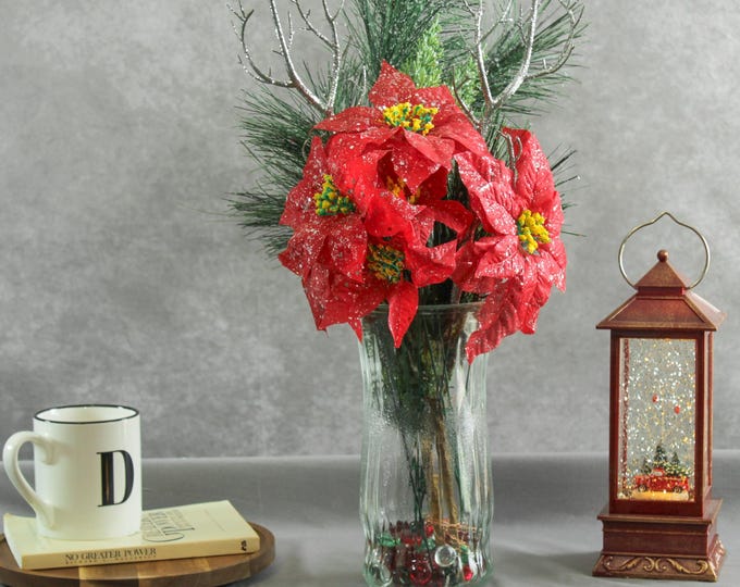 Snowy Poinsettia Christmas Centerpiece – Silver Antlers, Frosted Pine & LED Lights in Crystal Vase