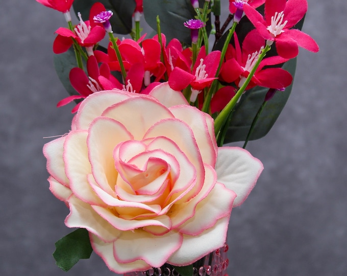 Pink & White Roses with Pink Daffodils in Romantic Plastic Glass - Faux Flower Arrangement