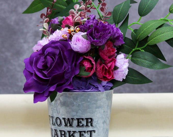 Rustic Flower Market Tin with Purple Roses & Pink Blooms