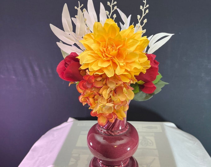 Strawberry Lemonade, Dinner plate Dahlia, Hydrangea, White Eucalyptus, and rose artificial flower arrangement