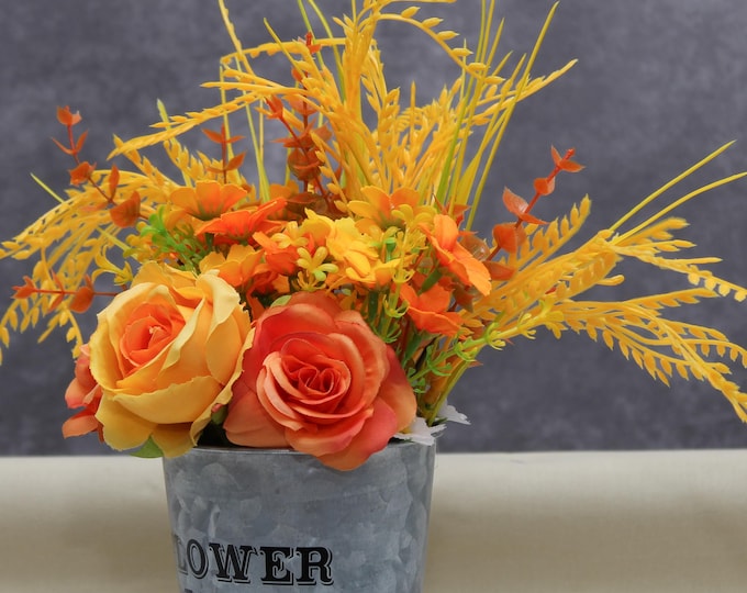 Rustic Faux Flower Arrangement with Yellow Roses & Wheat Stems in Flower Market Tin Can