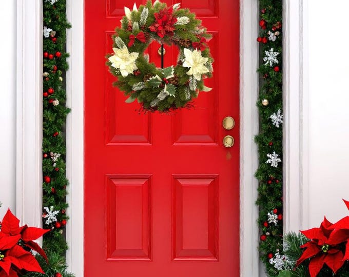 Handcrafted Christmas Wreath with Frosted Pine, Red & White Poinsettias, Holly Berries, and Pinecones – Elegant Holiday Door Decor