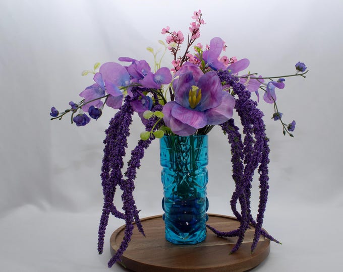 Elegant Purple & Pink Artificial Flower Arrangement in Blue Glass Vase – Handmade Silk Floral Centerpiece