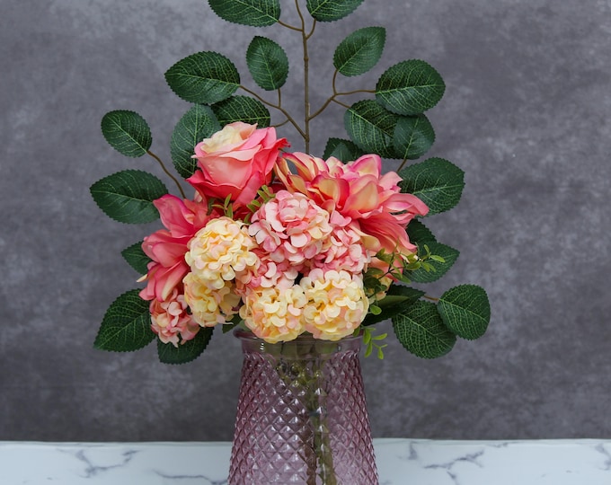 Hydrangea, Dahlia, roses, artificial flower arrangement, in a beautiful frosted textured crystal vase