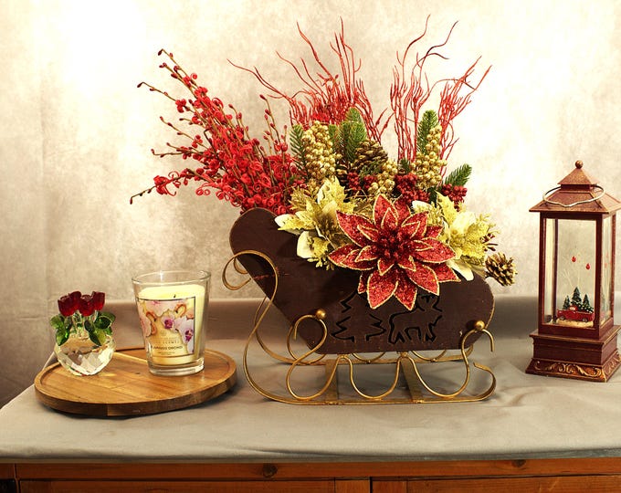 Faux Flower Sleigh Centerpiece – Red Christmas Arrangement with Pine & Berries – Holiday Artificial Table Decor