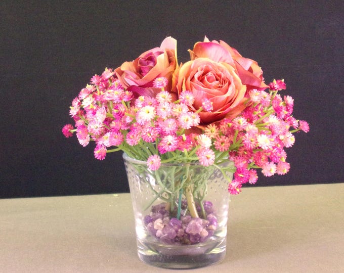 Purple & Dusty Pink Rose Faux Floral Arrangement | Purple Baby's Breath, Amethyst Stones in Decorative Whiskey Glass | Unique Home Decor