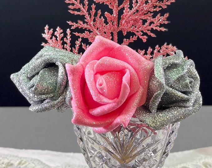 Sparkling Elegance, Pink and Silver Roses and sparkle in an elegant crystal vase, artificial flower arrangement