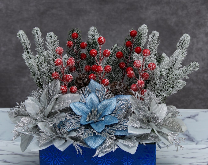 Blue & Silver Poinsettia Christmas Centerpiece | Faux Winter Table Decor | Frosted Spruce, Pinecones  and Snowy Red Berries | Snowflake Box